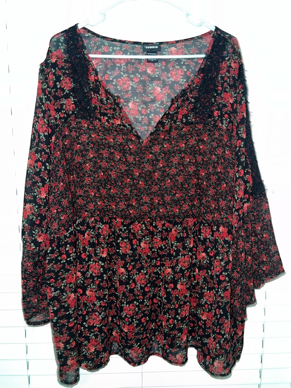 Torrid Black Floral V-Neck Blouse with Red Rose Print